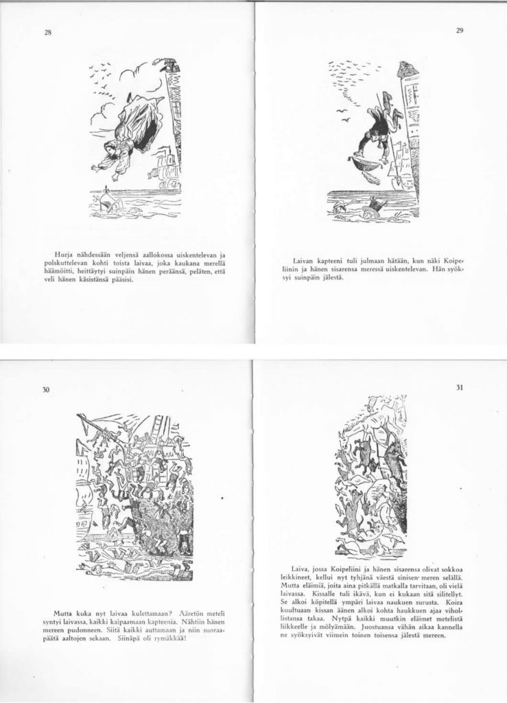 Figure 6: Gummeruksen vuonna 1972 julkaiseman Herra Koipeliinin sivut 28‒31 ([Töpffer, Rodolphe], Herra Koipeliinin merkilliset matkat ja eriskummaiset kohtalot maalla ja merellä: hänen jälkeenjättämiensä paperien mukaan kerrotut ja 144 kauniilla kuvalla valaistut).